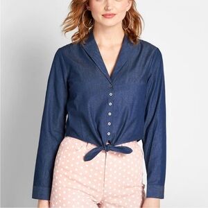 NWT Modcloth Retro Renewal Chambray Cropped Dark Blue Blouse Sz Small
